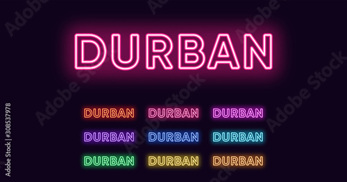 Neon Durban name, City in South Africa. Neon text of Durban city. Vector set of glowing Headlines