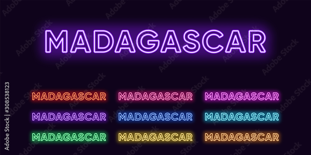 Neon Madagascar name, African island Country. Neon text of Madagascar. Vector set of glowing Headlines