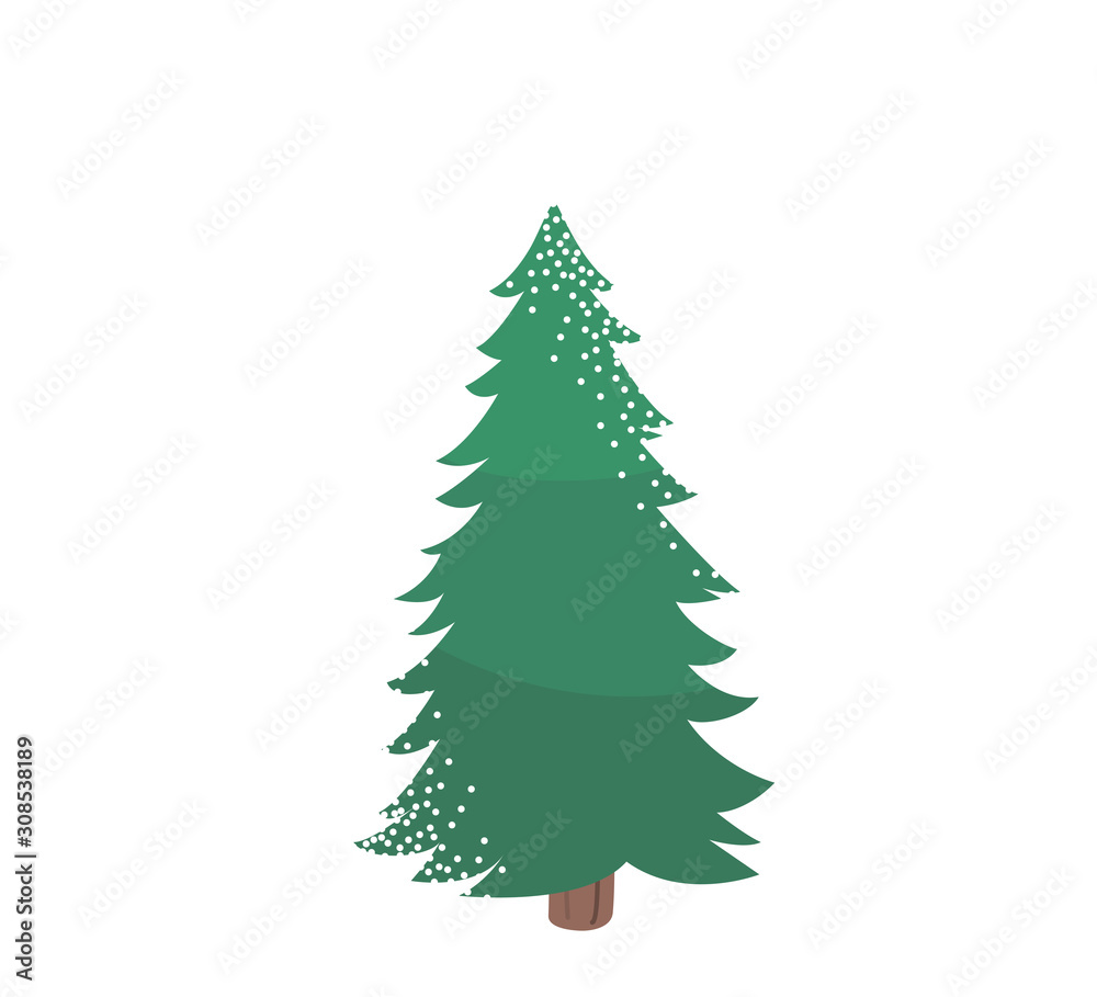 Fir tree with snow texture. Pine xmas vector illustration isolated on white background. Simple flat cartoon green spruce plant for christmas decorating