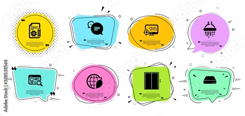 Lift, Documentation and Environment day line icons set. Chat bubbles with quotes. Shower, Website search and Seo signs. Text message, Mini pc symbols. Elevator, Project. Technology set. Vector