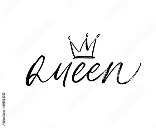 Queen - vector brush calligraphic word with crown clip art. Calligraphy fun design to print
