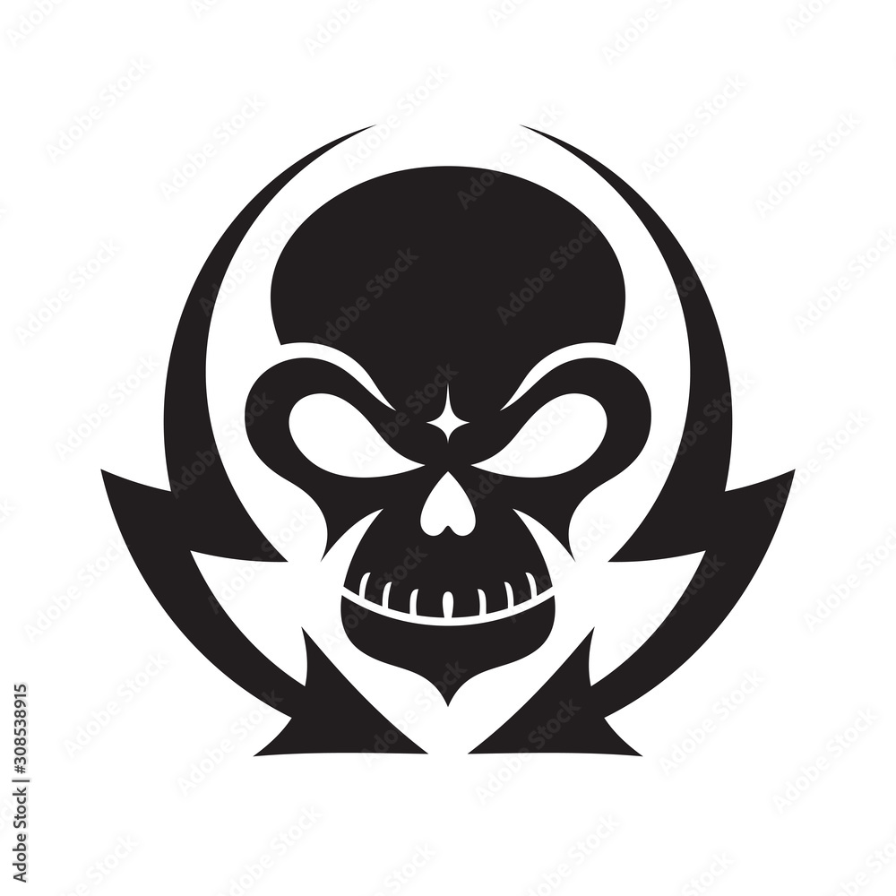 Skull and lightning arrows - concept logo sign design. Monster skull emblem. heavy metal music sound badge symbol. Skull and lightning arrows - concept logo sign design. Monster skull emblem. heavy metal music sound badge symbol.