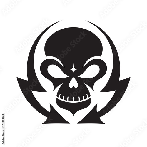 Skull and lightning arrows - concept logo sign design. Monster skull emblem. heavy metal music sound badge symbol. 