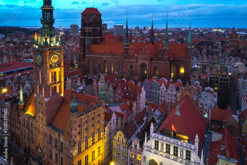 Aerial view of the old town in Gdansk with beautiful architecture at dusk  Poland