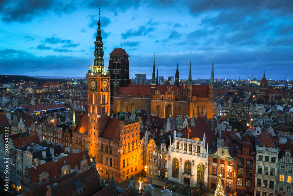 Aerial view of the old town in Gdansk with beautiful architecture at dusk, Poland