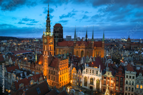 Aerial view of the old town in Gdansk with beautiful architecture at dusk, Poland