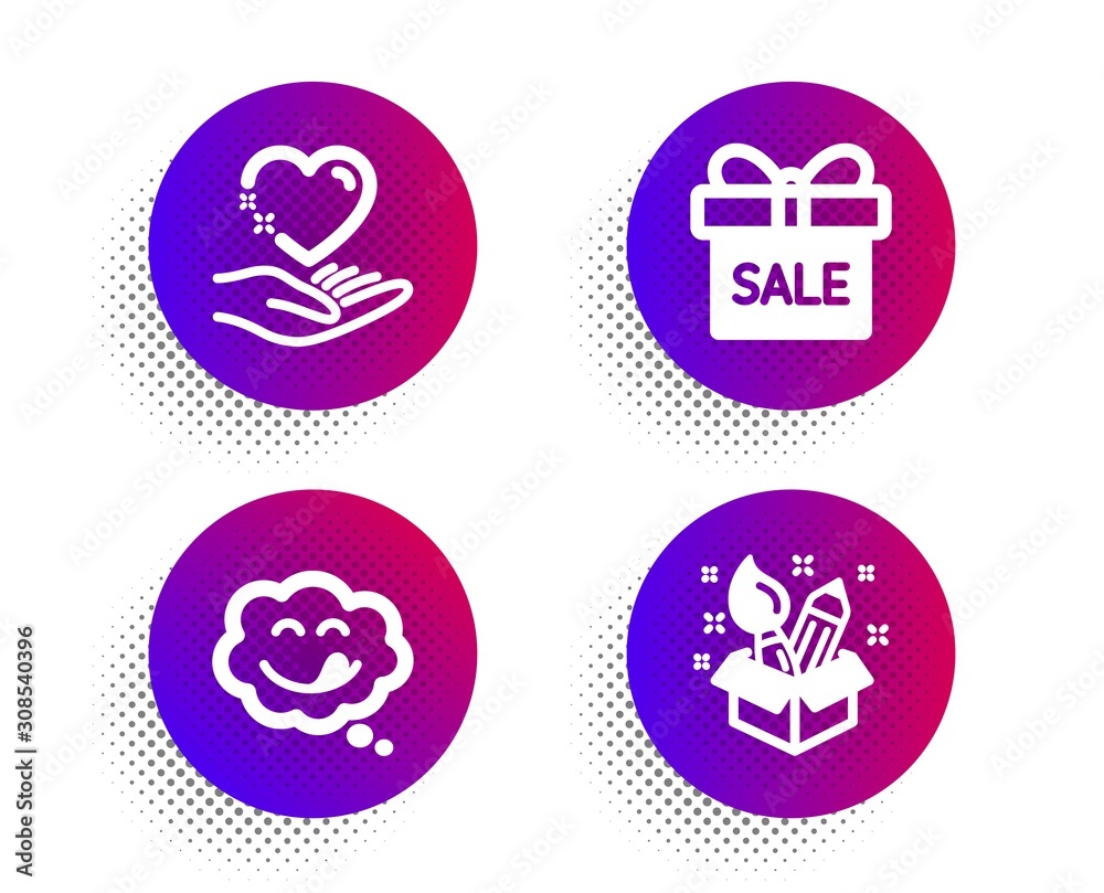Yummy smile, Sale offer and Hold heart icons simple set. Halftone dots button. Creativity sign. Comic chat, Gift box, Care love. Design idea. Holidays set. Classic flat yummy smile icon. Vector