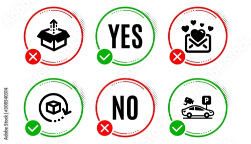Love mail, Return package and Send box icons simple set. Yes no check box. Parking security sign. Valentines letter, Exchange goods, Delivery package. Video camera. Technology set. Vector