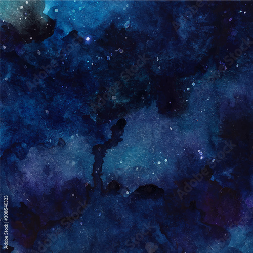 Watercolor cosmic texture with glowing stars. Night starry sky with paint strokes and swashes. Vector astronomy illustration.