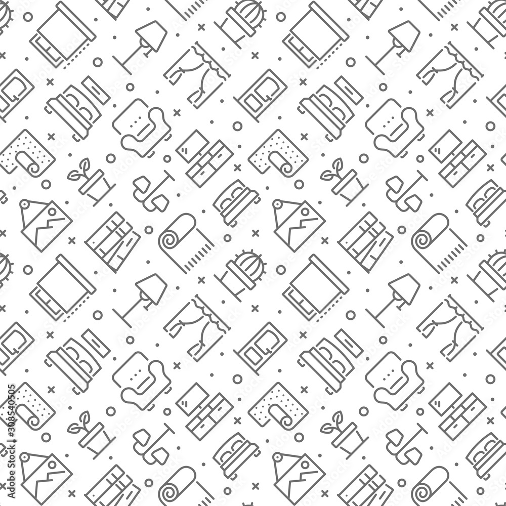 Home interior and decor related seamless pattern with outline icons