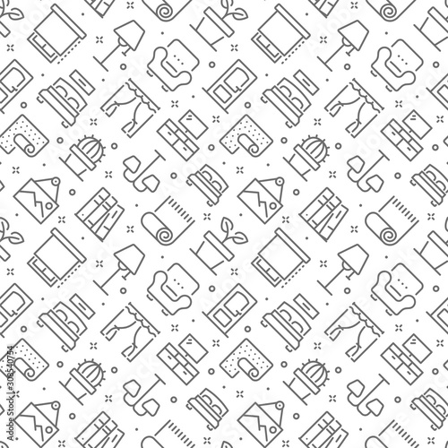 Home interior and decor related seamless pattern with outline icons