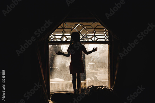 Profile of Little Girl Standing at Lead Paned Window at Sunset photo