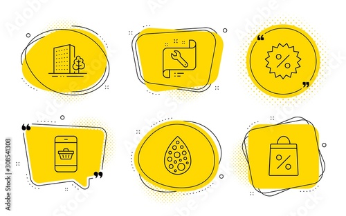 Artificial colors, Smartphone buying and Shopping bag signs. Chat bubbles. Spanner, Buildings and Discount line icons set. Repair service, City architecture, Special offer. Natural flavor. Vector