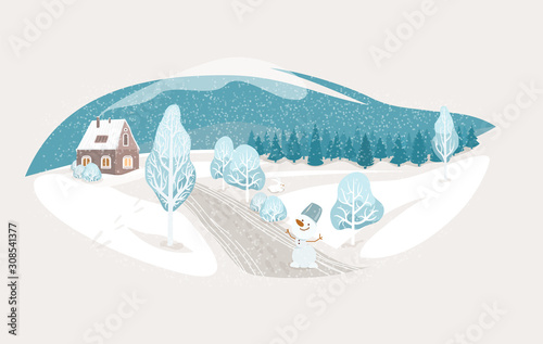 Winter isolated landscape vector background. Nature rustic scene with cute house, fir tree, road, snowman, hill. North outdoor snow home scenery