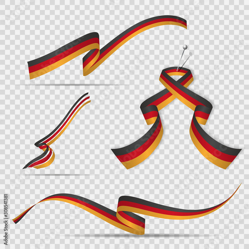 Flag of Germany. 3rd of October. Set of realistic wavy ribbons in colors of german flag on transparent background. Independence day. National symbol. Graphic design template. Vector illustration.