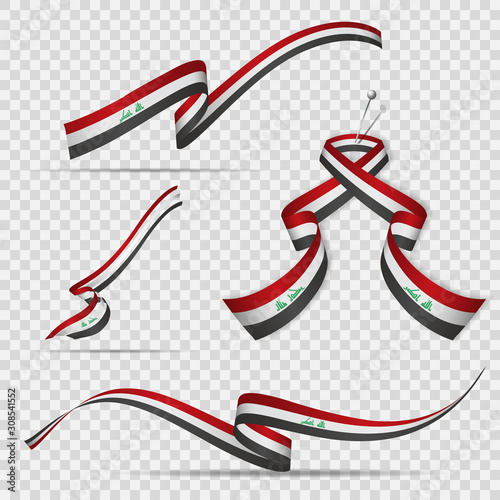 Flag of Iraq. 3rd of October. Set of realistic wavy ribbons in colors of iraqi flag on transparent background. Allahu Akbar. Independence day. National symbol. Vector illustration.