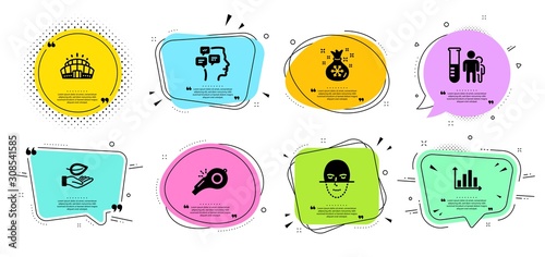 Arena stadium, Messages and Santa sack line icons set. Chat bubbles with quotes. Leaf, Medical analyzes and Whistle signs. Diagram graph, Face recognition symbols. Vector