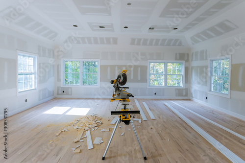 Interior construction of housing project with molding installed