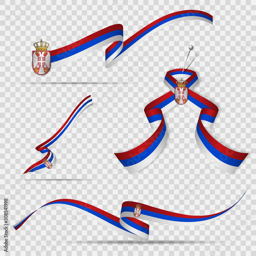 Flag of Serbia. 15th of February. Set of realistic wavy ribbons in colors of serbian flag on transparent background. Coat of arms. Independence day. Double eagle. National symbol. Vector illustration. photo