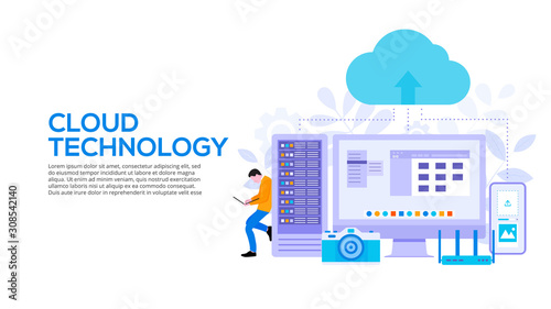 Cloud technologies design concept with server, smartphone and man. Flat vector illustration. Landing page template for web.