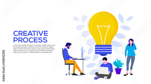 Creative idea vector illustration concept with lightbulb and working people. Flat vector illustration. Landing page template for web.
