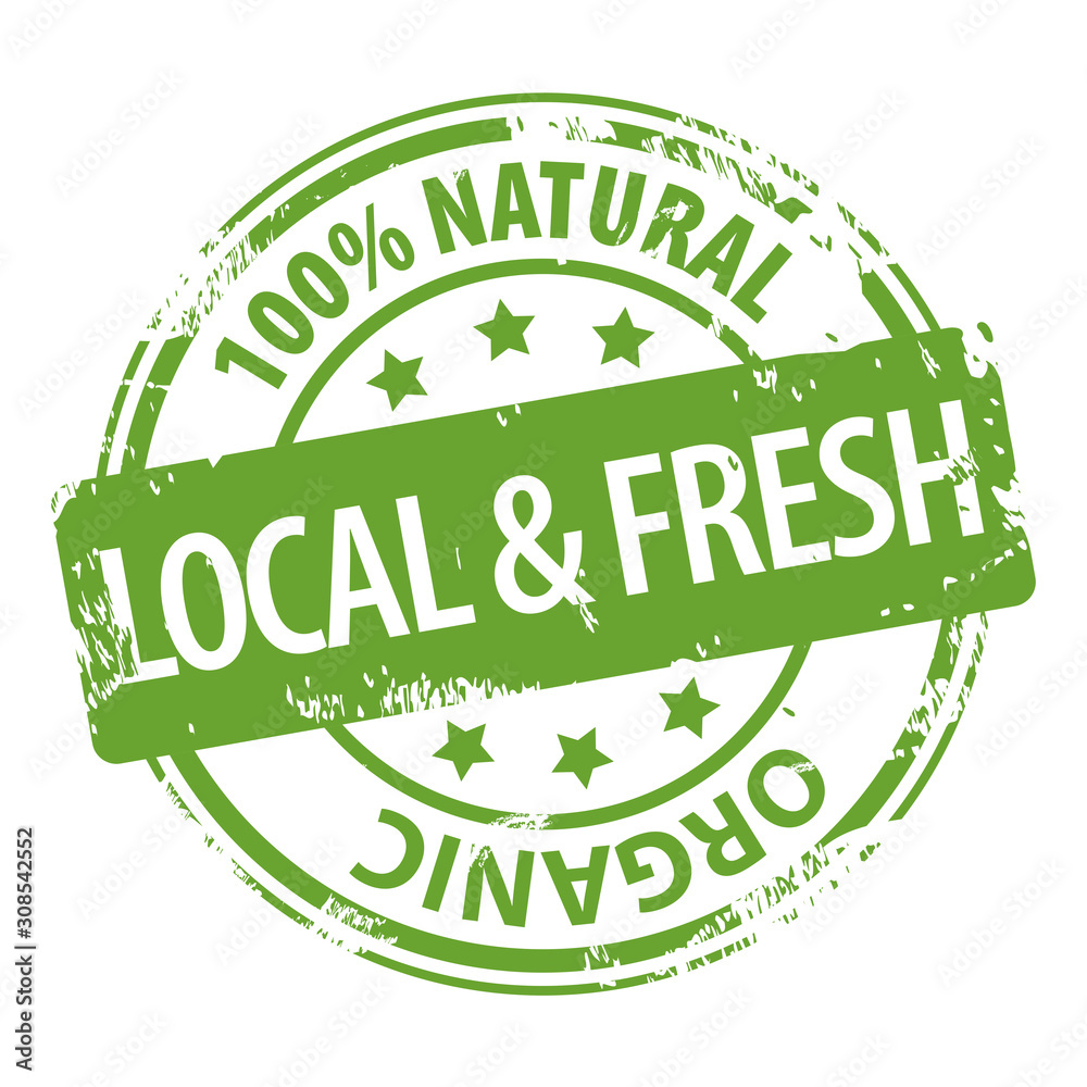 Local and Fresh 100 percent Natural organic green rubber stamp icon isolated on white background. Bio Eco food product. Local and Fresh 100 percent Natural organic green rubber stamp icon isolated on white background. Bio Eco food product.