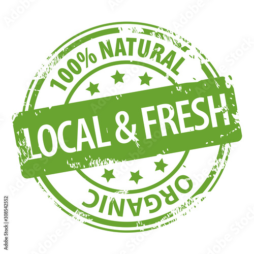 Local and Fresh 100 percent Natural organic green rubber stamp icon isolated on white background. Bio Eco food product.