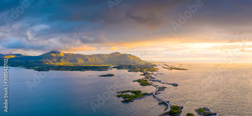 Aerial panoramic of Storseisundet Bridge at sunset, Atlantic Road, More og Romsdal county