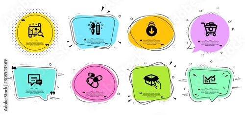 Comment, Financial diagram and Hold box line icons set. Chat bubbles with quotes. Search map, Creativity and Remove purchase signs. Capsule pill, Scroll down symbols. Vector