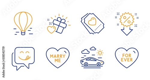 Discount, Air balloon and Love ticket line icons set. Yummy smile, Love gift and Car travel signs. Marry me, For ever symbols. Sale shopping, Flight travel. Holidays set. Line discount icon. Vector