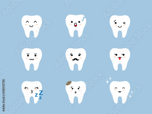Teeth emoji icon set. Cracked, broken, healthy white cute cartoon tooth characters with different facial expressions. Oral dental hygiene emoticons.