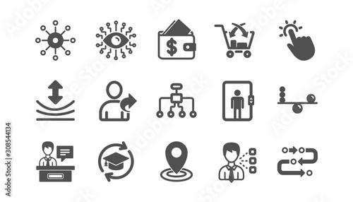 Artificial intelligence, Balance and Refer friend icons. Timeline, Multichannel. Classic icon set. Quality set. Vector