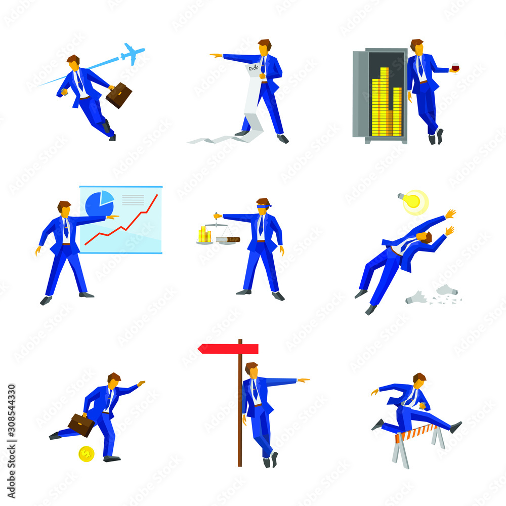 Set of manager characters isolated on white background. Businessman in different poses - working, standing, running, talking. Business concept icons. Vector illustration.