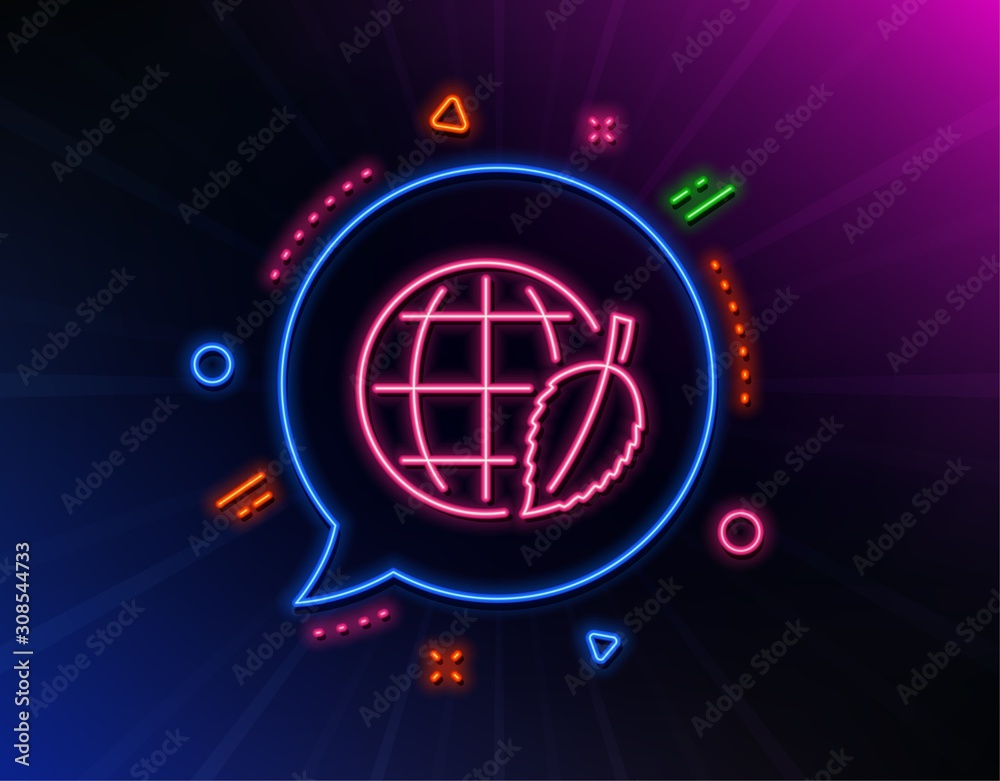 Globe with leaf line icon. Neon laser lights. World sign. Environment day symbol. Glow laser speech bubble. Neon lights chat bubble. Banner badge with environment day icon. Vector Globe with leaf line icon. Neon laser lights. World sign. Environment day symbol. Glow laser speech bubble. Neon lights chat bubble. Banner badge with environment day icon. Vector