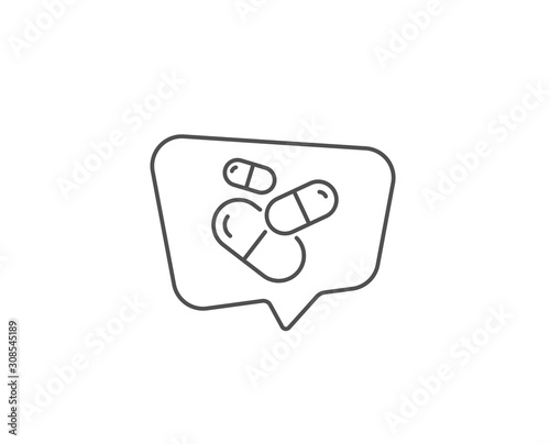 Capsule pill line icon. Chat bubble design. Medical drugs sign. Pharmacy medication symbol. Outline concept. Thin line capsule pill icon. Vector