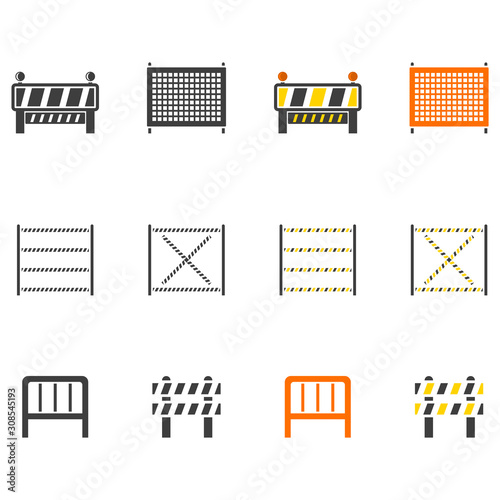 Icons of building fences. Set of different options in color and black and white. Isolated vector on a white background