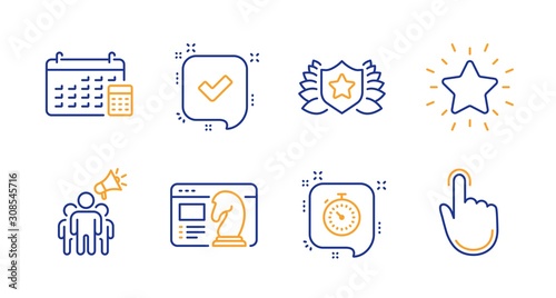 Seo strategy, Brand ambassador and Confirmed line icons set. Rank star, Laureate and Timer signs. Calendar, Hand click symbols. Chess knight, Megaphone. Business set. Line seo strategy icon. Vector