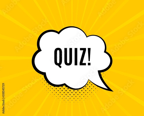 Quiz symbol. Chat speech bubble. Answer question sign. Examination test. Yellow vector banner with bubble. Quiz text. Chat badge. Colorful background. Vector