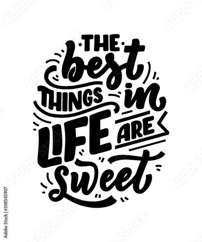 Funny saying, inspirational quote for cafe or bakery print. Embossed tape and brush calligraphy. Dessert lettering slogan in hand drawn style. Vector