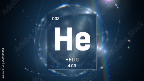 3D illustration of Heliumn as Element 2 of the Periodic Table. Blue illuminated atom design background with orbiting electrons. Name, atomic weight, element number in Spanish language
