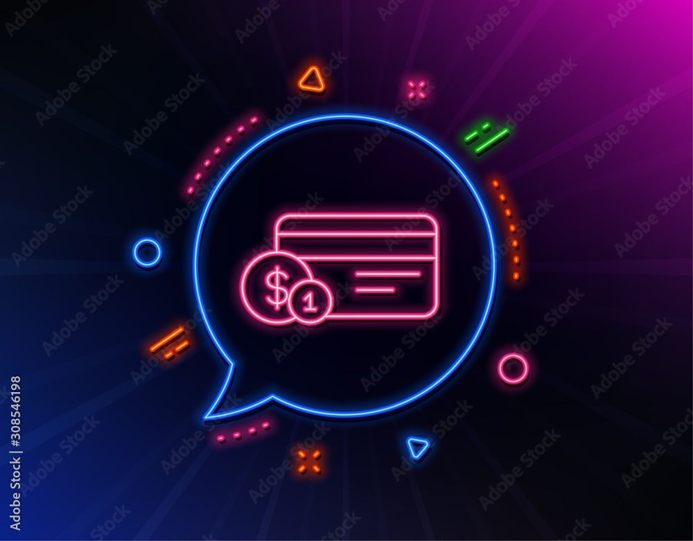 Credit card line icon. Neon laser lights. Banking Payment card with Coins sign. ATM service symbol. Glow laser speech bubble. Neon lights chat bubble. Banner badge with payment method icon. Vector Credit card line icon. Neon laser lights. Banking Payment card with Coins sign. ATM service symbol. Glow laser speech bubble. Neon lights chat bubble. Banner badge with payment method icon. Vector