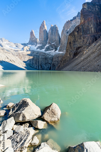 Mirador Base Las Torres, glacial green lake and the Three Towers in the background, Torres del Paine National Park, Chile