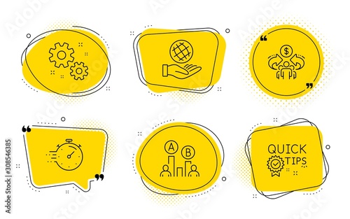 Safe planet, Ab testing and Quick tips signs. Chat bubbles. Timer, Work and Sharing economy line icons set. Deadline management, Settings, Share. Ecology. Science set. Line timer icon. Vector