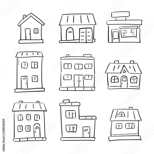 Hand drawn houses icon set. Simple outlined residential buildings, sketch. Black and white symbols isolated on white background.
