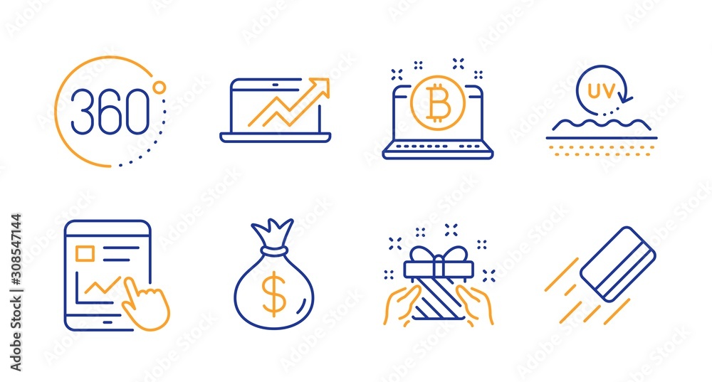 360 degrees, Sales diagram and Uv protection line icons set. Internet report, Money bag and Gift signs. Bitcoin, Credit card symbols. Full rotation, Sale growth chart. Business set. Vector 360 degrees, Sales diagram and Uv protection line icons set. Internet report, Money bag and Gift signs. Bitcoin, Credit card symbols. Full rotation, Sale growth chart. Business set. Vector