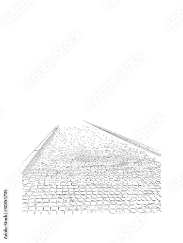 Hand drawn image of paving stones, sidewalk, small gray bricks, sketch.