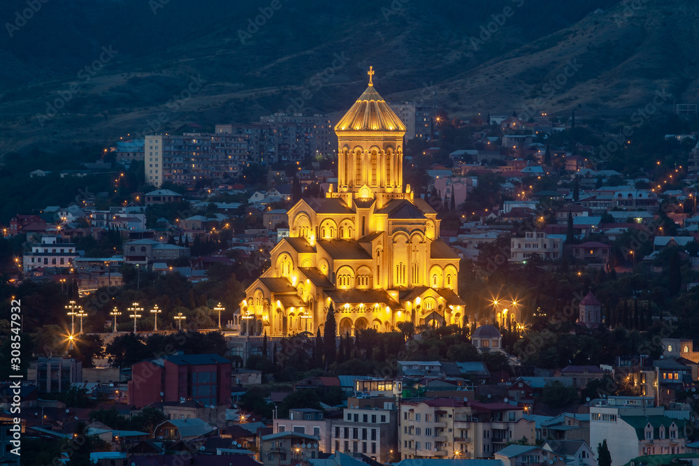 Holy Trinity Cathedral of Tbilisi (Sameba) in the evening - the main cathedral of the Georgian Orthodox Church. Georgia.