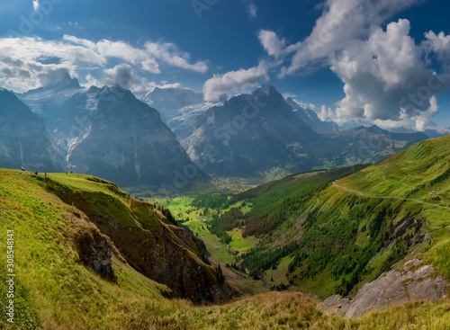 An breath taking view overlook the valley along the hiking trail in First  Grindelwald  Switzerland.