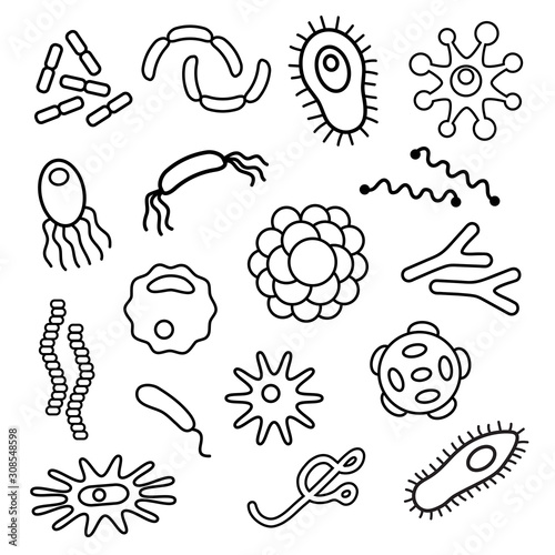 Bacteria, microbe, virus outline vector icon set. Microscopic bacterium and bacillus collection, isolated on white background