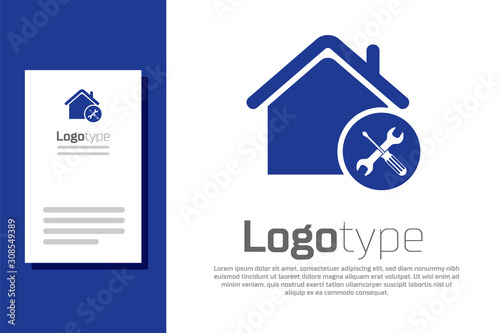 Blue House or home with screwdriver and wrench icon isolated on white background. Adjusting, service, setting, maintenance, repair, fixing. Logo design template element. Vector Illustration